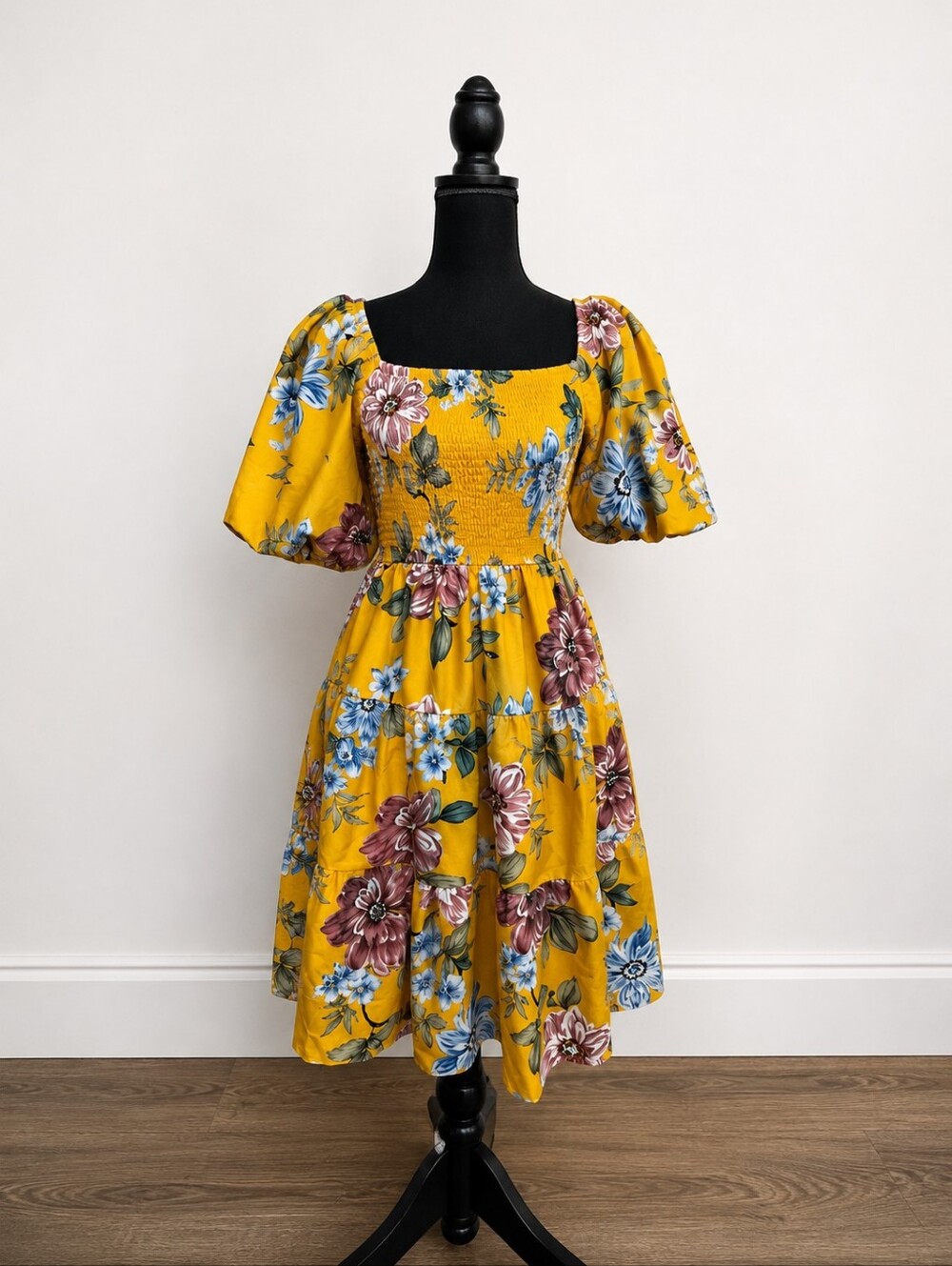 Yellow Floral Puff Sleeve Midi Dress